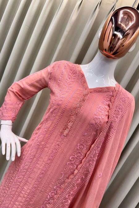 Women's Chinon Silk with Cotton Thread Embroidery Straight Kurti With Pant and Dupatta set