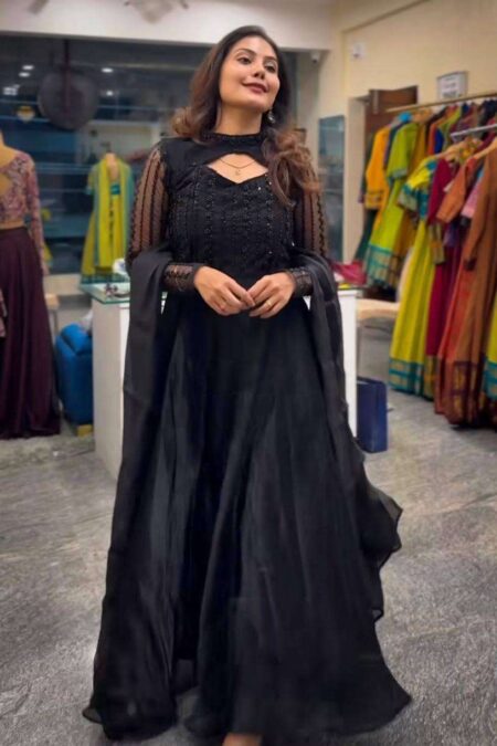 Women's Silk Heavy Embroidery Sequence Work Long Anarkali Kurti With Pant and Dupatta Set