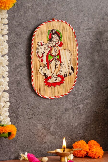 Oval Shaped Design Bamboo Hand Crafted Wall Hangings Of Bal Gopal With Holy Cow For Home Decor | Bamboo Art For Wall Decor