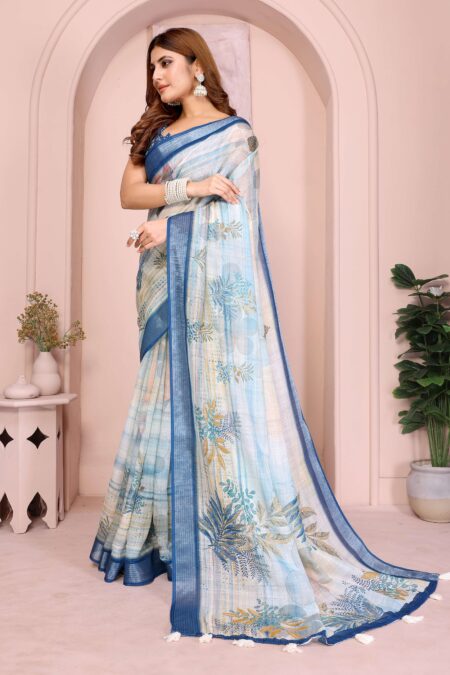 Pastel Blue Linen Cotton Saree with Tropical Leaf Prints & Tassel Pallu