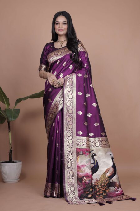 Royal Purple Banarasi Silk Saree with Golden Zari & Peacock Pallu | Wedding, Festive & Traditional Wear