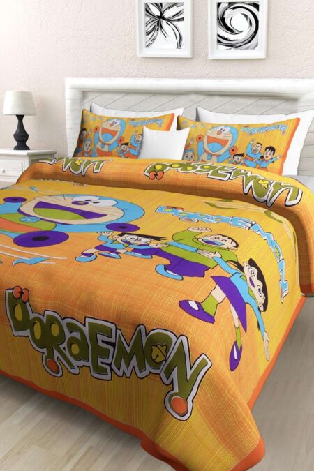 Doraemon Printed Cotton Double Bed Bedsheet With 2 Pillow Covers For Kids