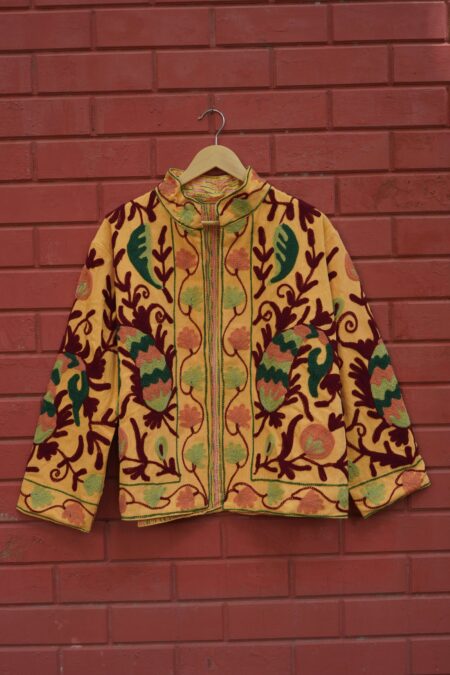 Womens Yellow Velvet Embroidered Jacket with Floral Design