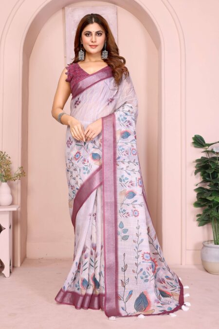 Elegant Linen Cotton Saree ? Pastel Lavender with Multicolor Floral Motifs & Wine-Purple Border