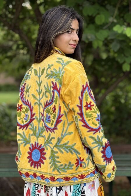 Womens Yellow Velvet Embroidered Jacket with Floral Design
