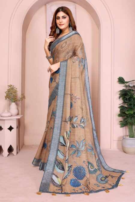 Elegant Linen Cotton Saree ? Beige Base with Blue Floral Accents & Checkered Border