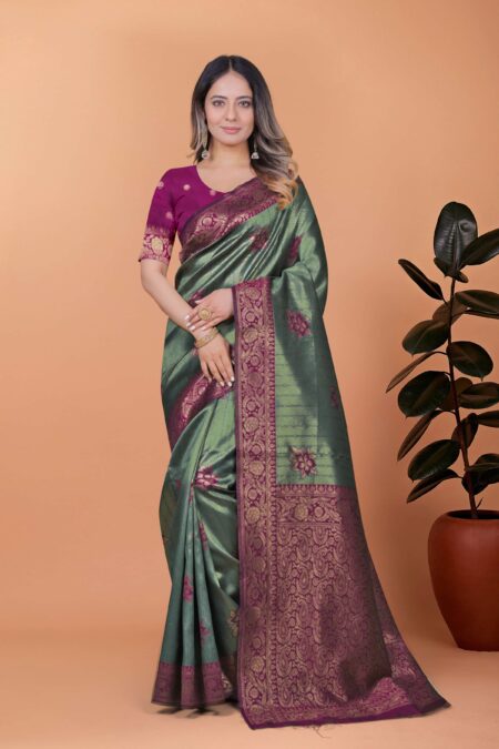 Emerald Green Banarasi Silk Saree with Plum Floral Zari Accents & Blouse | Wedding, Festive, Traditional & Party Wear