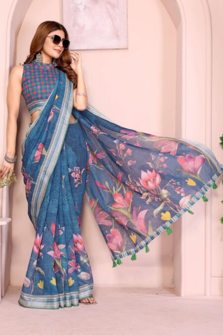 Elegant Linen Cotton Saree ? Deep Teal with Vibrant Multicolor Floral Print & Striped Border