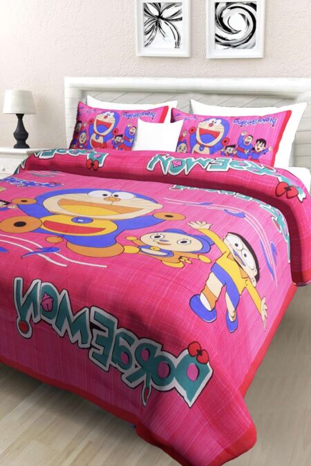Doraemon Printed Cotton Double Bed Bedsheet With 2 Pillow Covers For Kids
