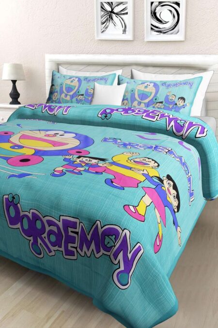 Doraemon Printed Cotton Double Bed Bedsheet With 2 Pillow Covers For Kids