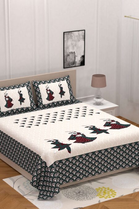 Jaipuri printed cotton double bedsheet with two pillow covers