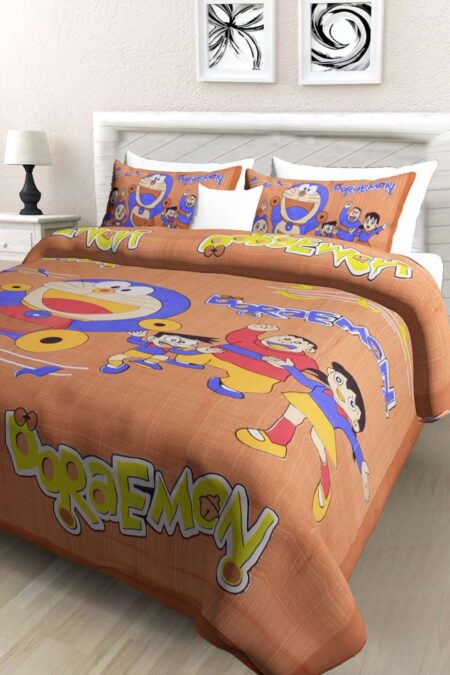 Doraemon Printed Cotton Double Bed Bedsheet With 2 Pillow Covers For Kids