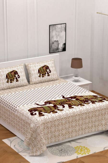 Jaipuri Printed Cotton Double Bed Bedsheet And two pillow covers An Elephant Pattern.
