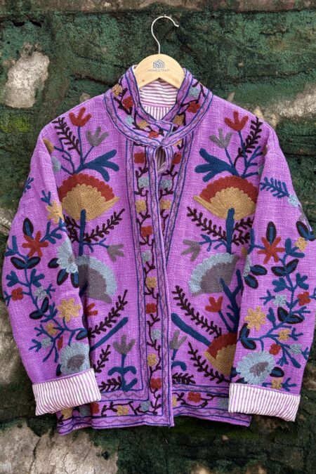 Womens Purple Velvet Embroidered Jacket with Floral Design