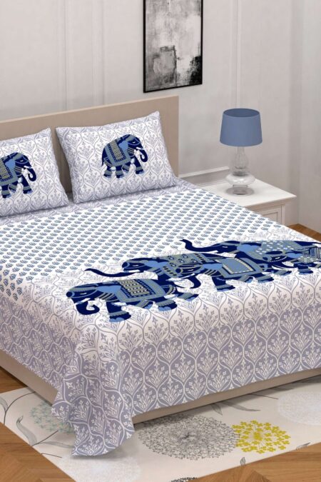 Jaipuri Printed Cotton Double Bed Bedsheet And two pillow covers An Elephant Pattern.